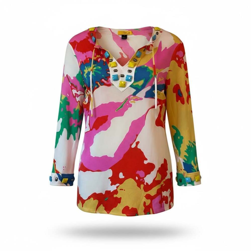 SoCa by St. John Abstract Paint Splatter Embellished Tunic Top Size S